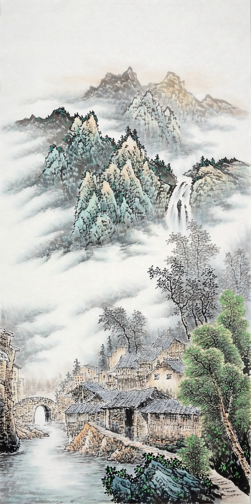 四尺竖式,源远流长,富水长流,名家山水画