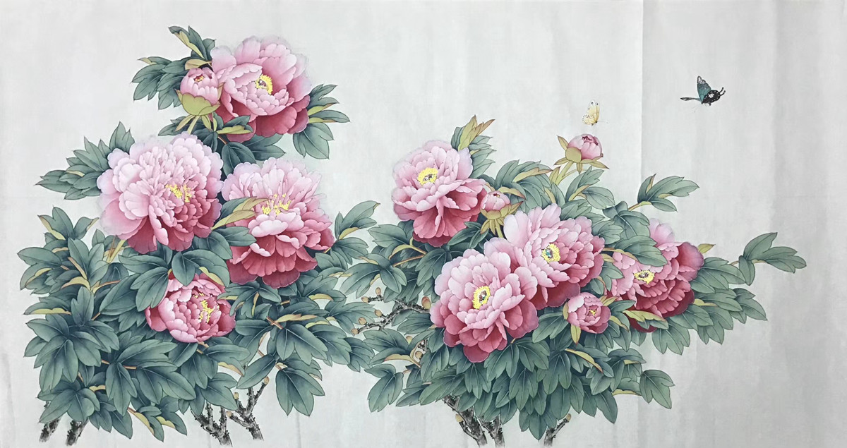 六尺整张工笔牡丹，花开富贵 - 精品字画,一手货源,木微画院名家书画真迹
