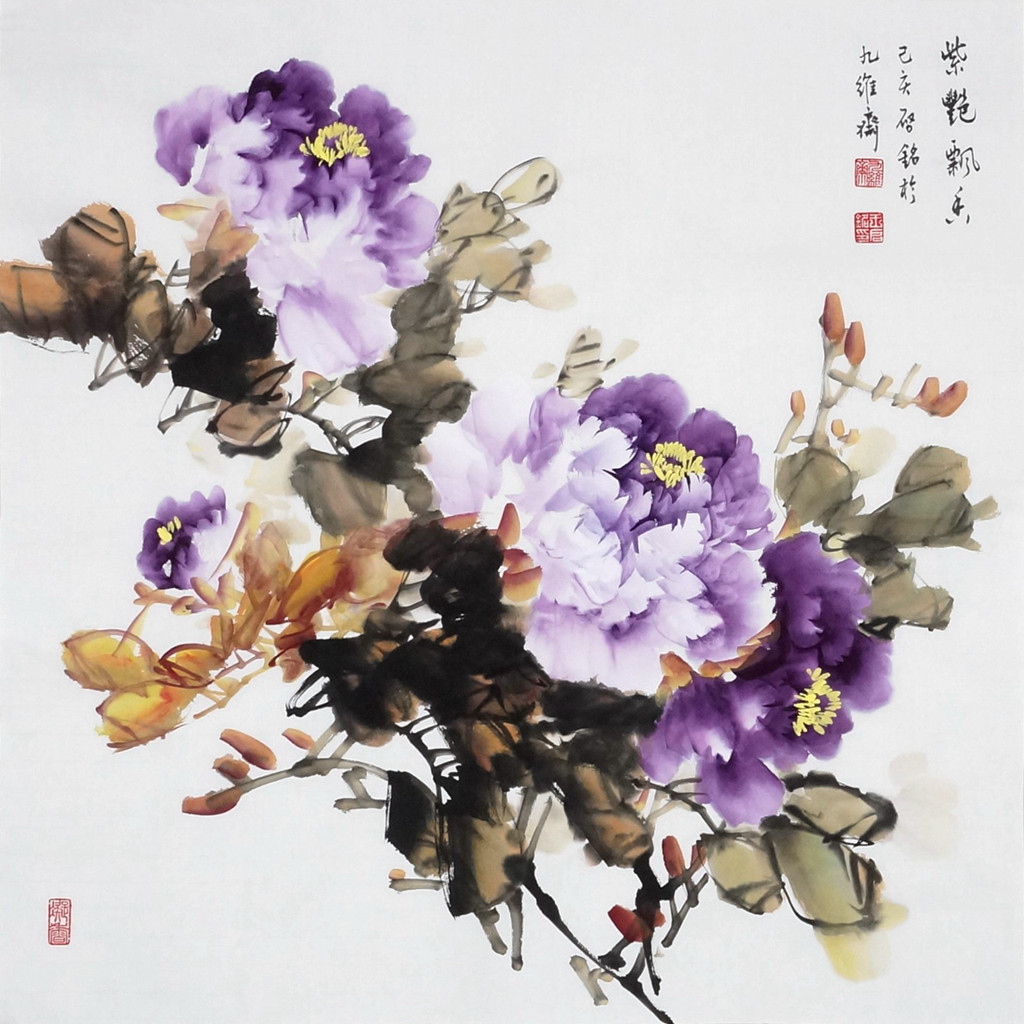 写意牡丹画，四尺斗方，紫韵呈祥 - 精品书画,一手货源,木微画院名家书画真迹