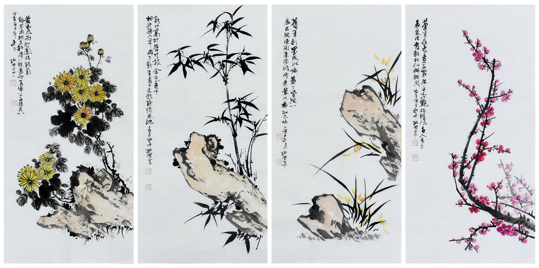 中国古美術・純手描き・四条屏・鹰画芯・国画・李苦禅印款・肉筆・宣紙・文房置物 絵画