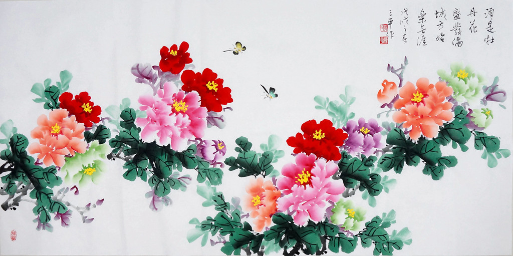 名家四尺整张牡丹,横幅写意富贵牡丹国画 - 精品字画,一手货源,木微画院名家书画真迹