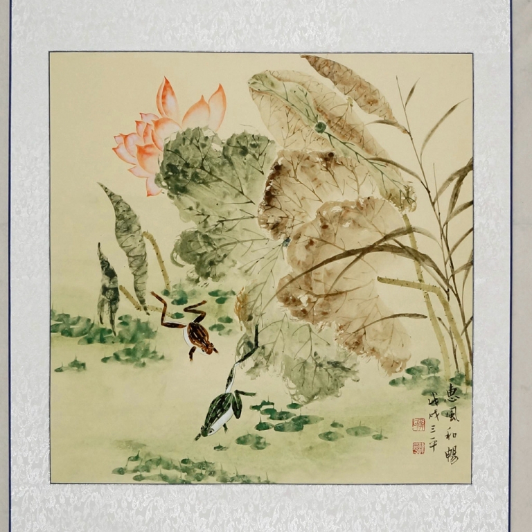 四尺斗方工笔荷花,荷塘雅趣,精品国画花鸟 - 精品书画,一手货源,木微画院名家书画真迹